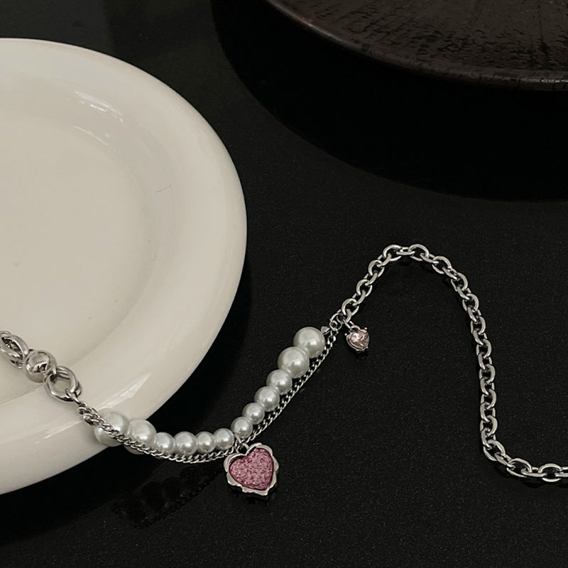 Wholesale Pink Heart Pearl Stitching Necklaces